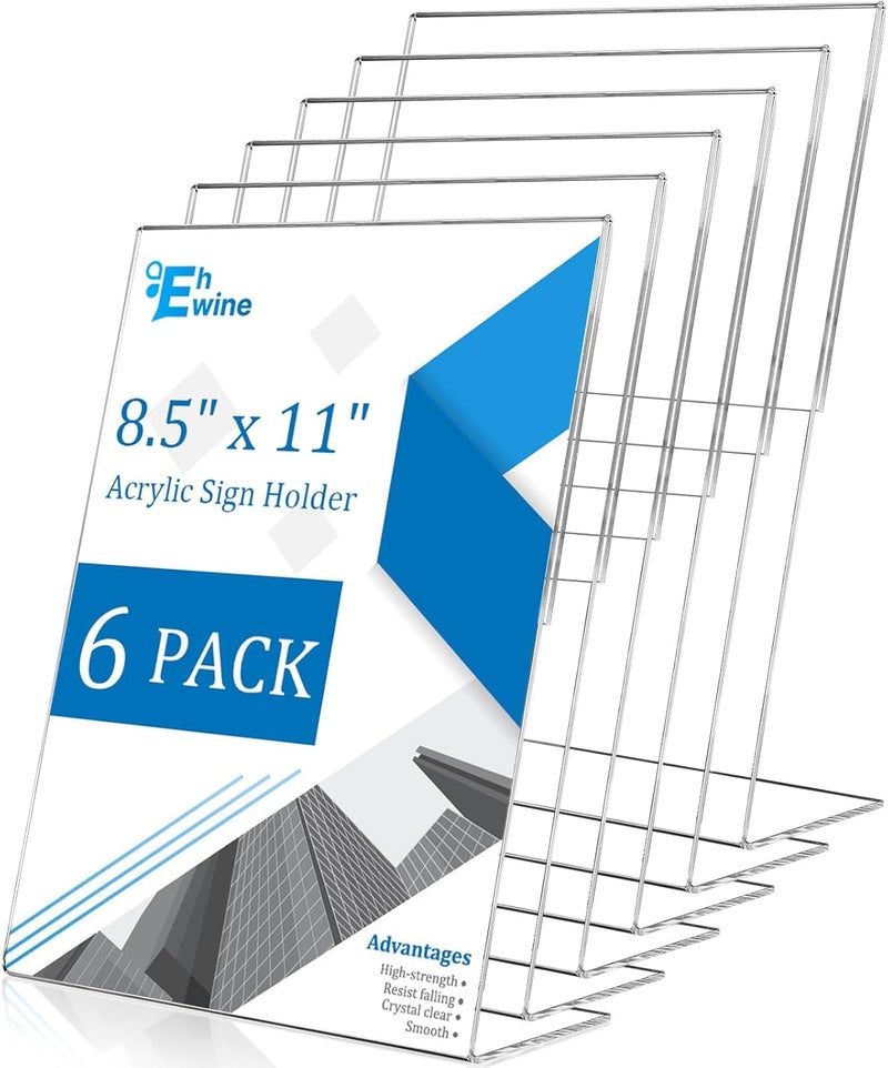 EHWINE 6 Pack 8.5 x 11 Acrylic Sign Holder, Clear Plastic Signs Display Stand, Vertical Slanted Back Paper Holder Stand up Table Top Sign Holders Flyer Stand Frames Suitable for Office Business Store - Image 1